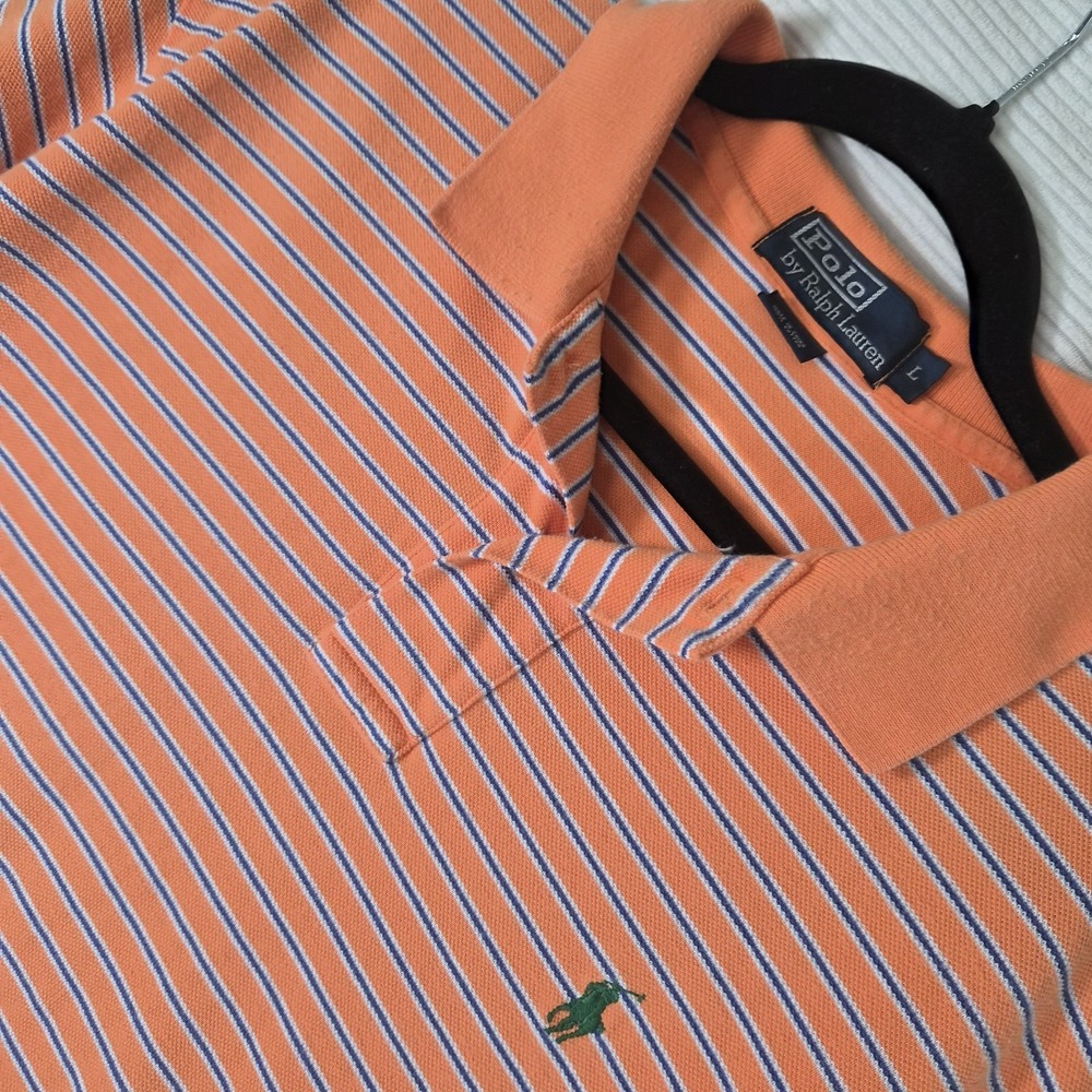 Polo Ralph Lauren Polo Shirt‎ Mens Large Orange Striped Short Sleeve Classic Fit
